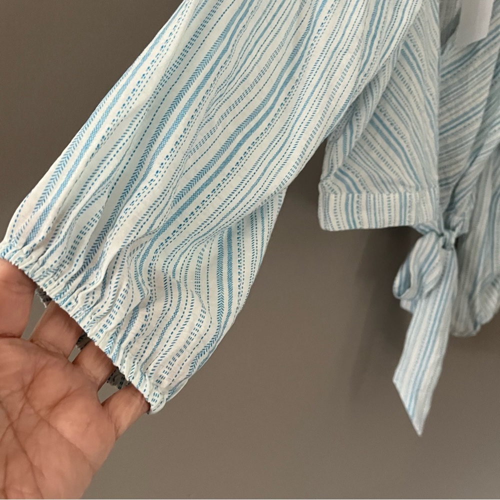 BCBGENERATION Blue and White Striped Tie Side Faux Wrap Crop Top Size XS - Picture 5 of 11